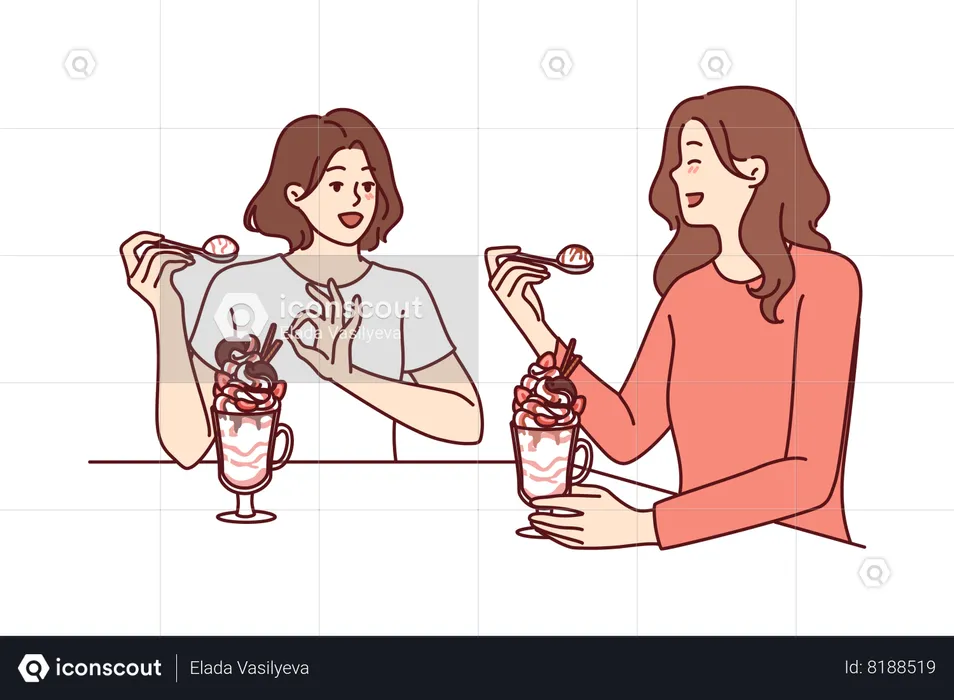 Women having lunch sitting in restaurant eating milkshake and discussing personal lives  Illustration