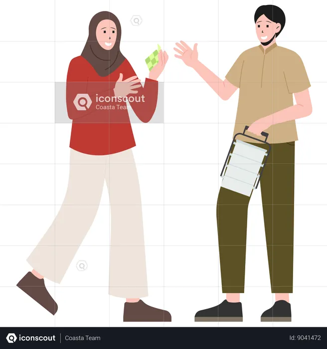 Women holding ketupat and man holding food container  Illustration