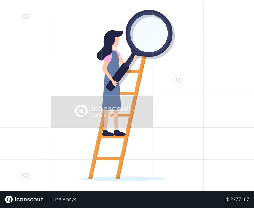 Women Holding Magnifying glass on Ladder  Illustration