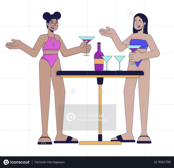 Women in swimsuits are enjoying cocktails  Illustration