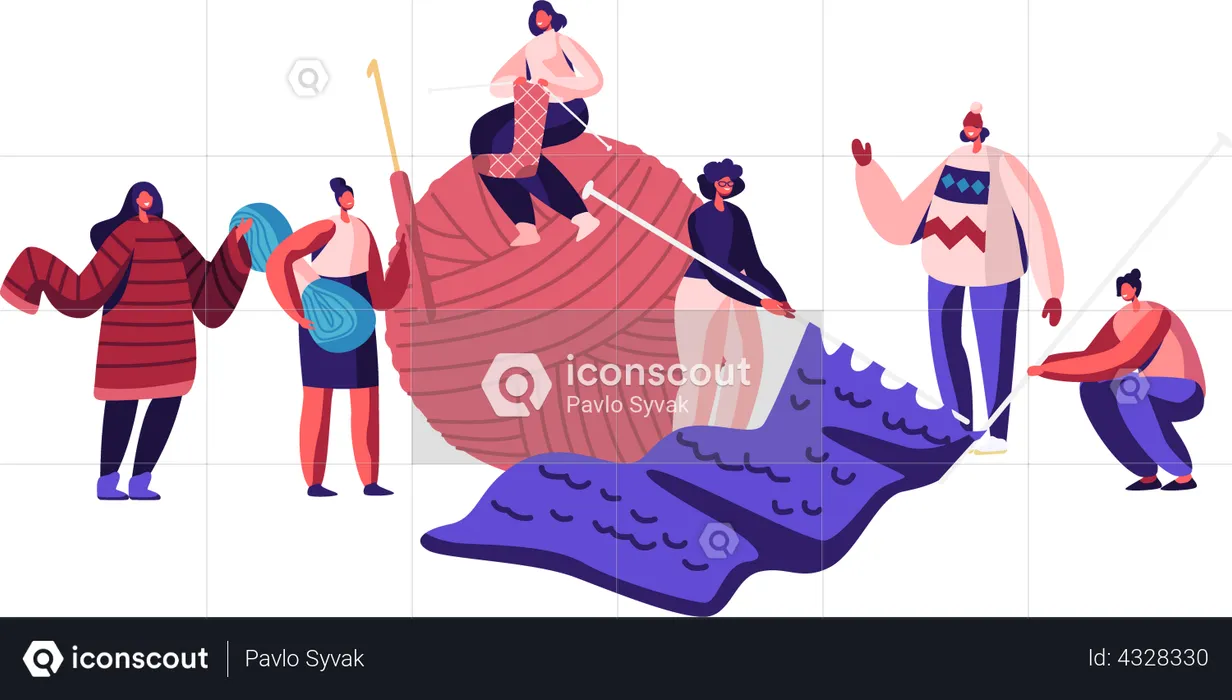 Women knitting clothes together  Illustration