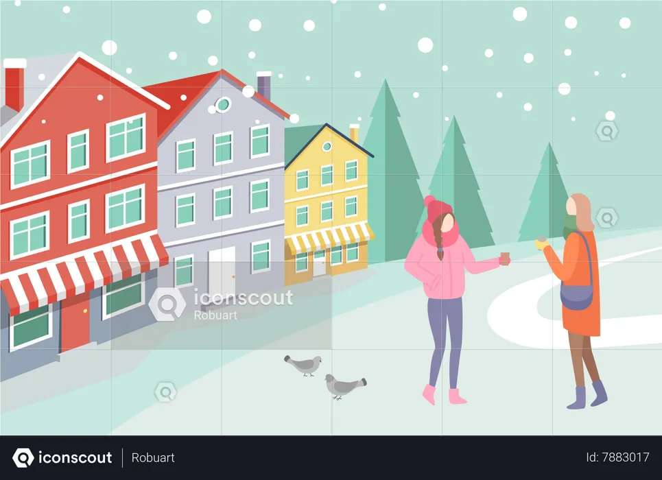 Women on Snowing Street near Colorful House  Illustration