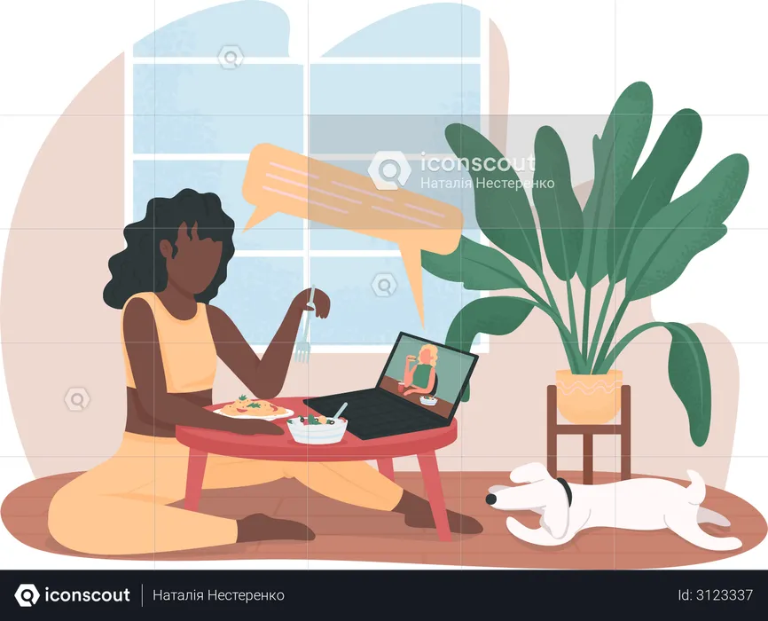 Women on video call during dinner at home  Illustration