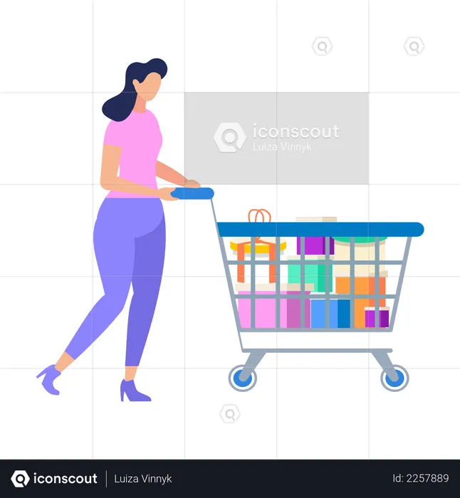 Women Pushing Shopping Trolley  Illustration