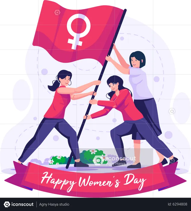 Women raising a flag symbolizing the female gender  Illustration