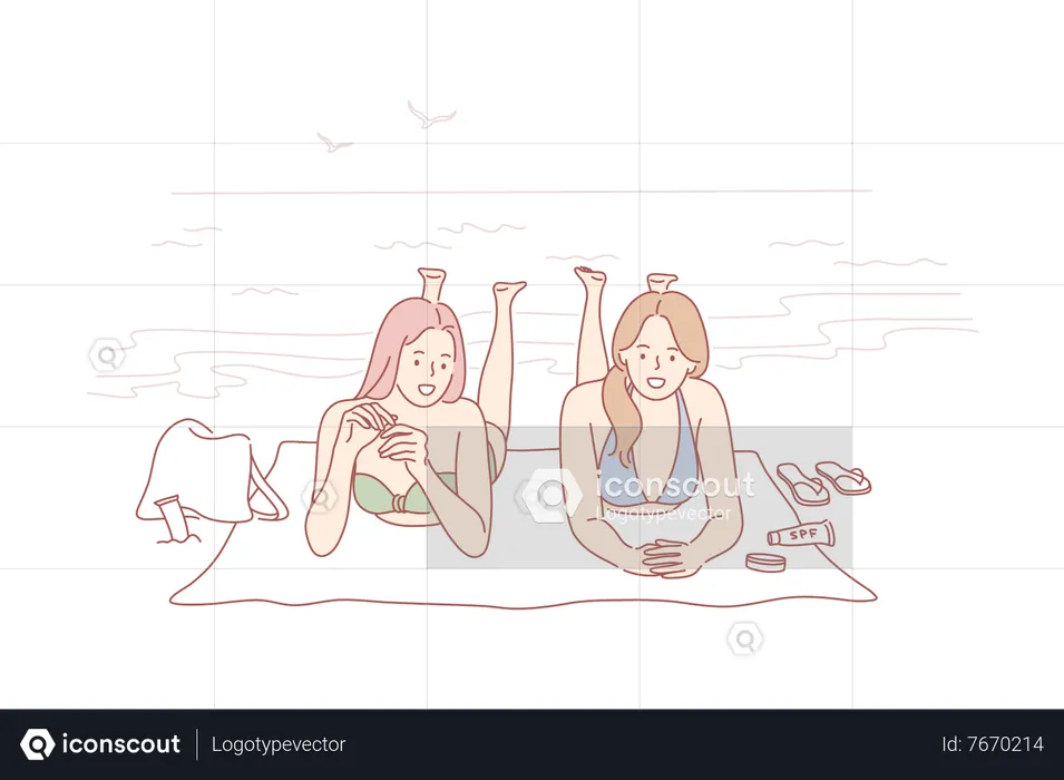 Women relaxing on beach  Illustration