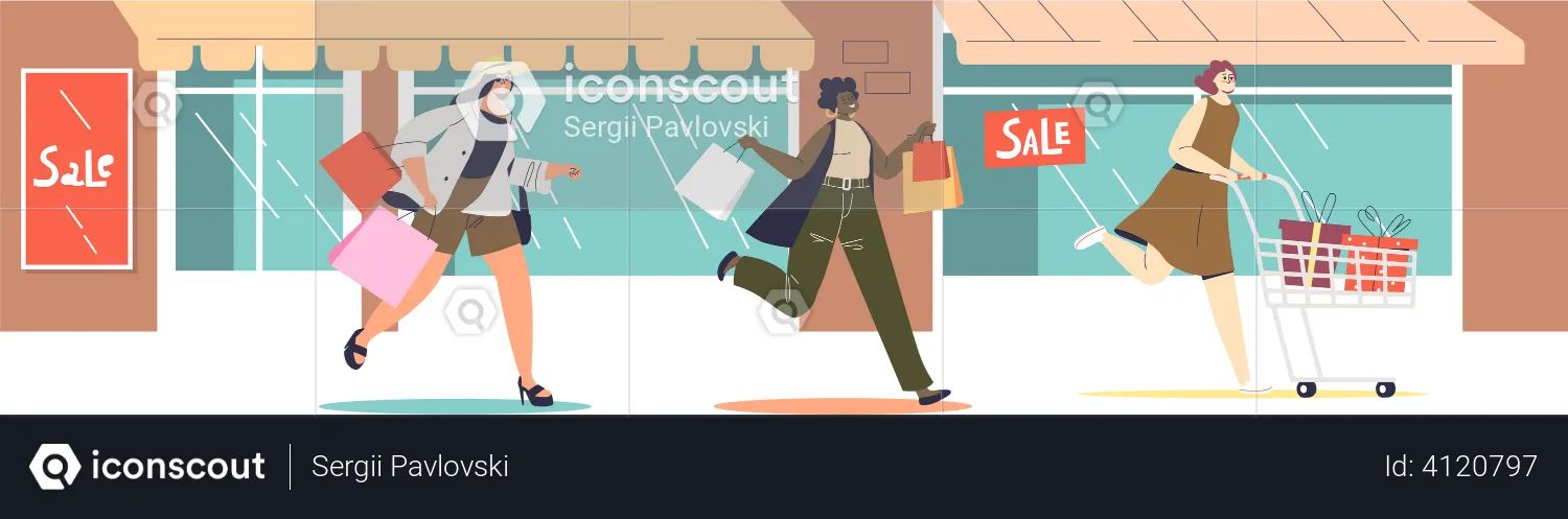 Women running for sales shopping  Illustration