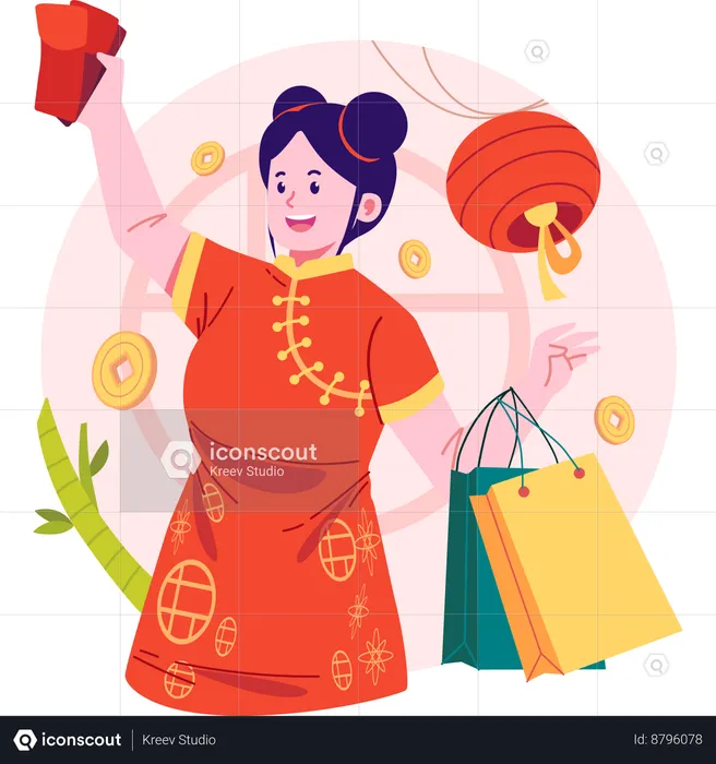 Women shopping during Chinese New Year  Illustration