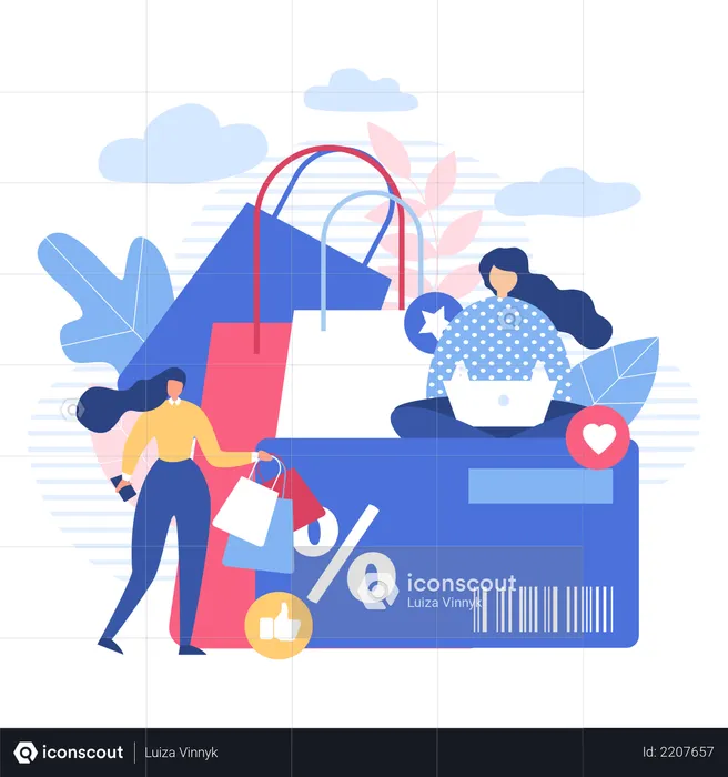 Women Shopping Online with Discount card  Illustration