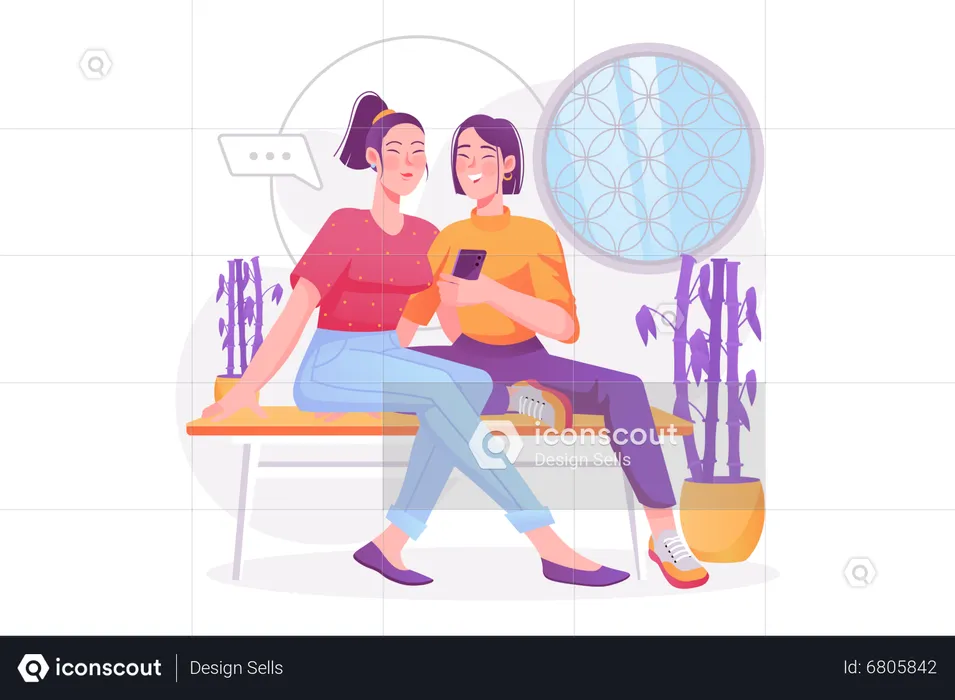 Women sitting on bench and using mobile  Illustration