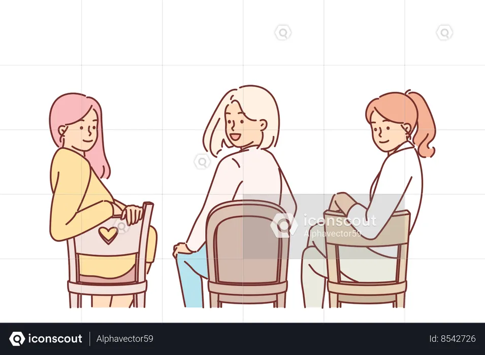 Women sitting on chairs with backs to screen turn around and look at you  Illustration