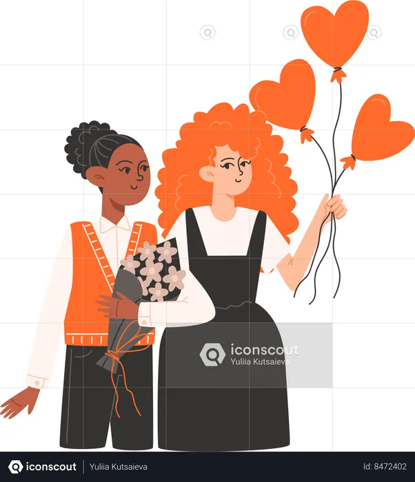 Women stand side by side and hold balloons in shape of a heart for Valentines Day  Illustration