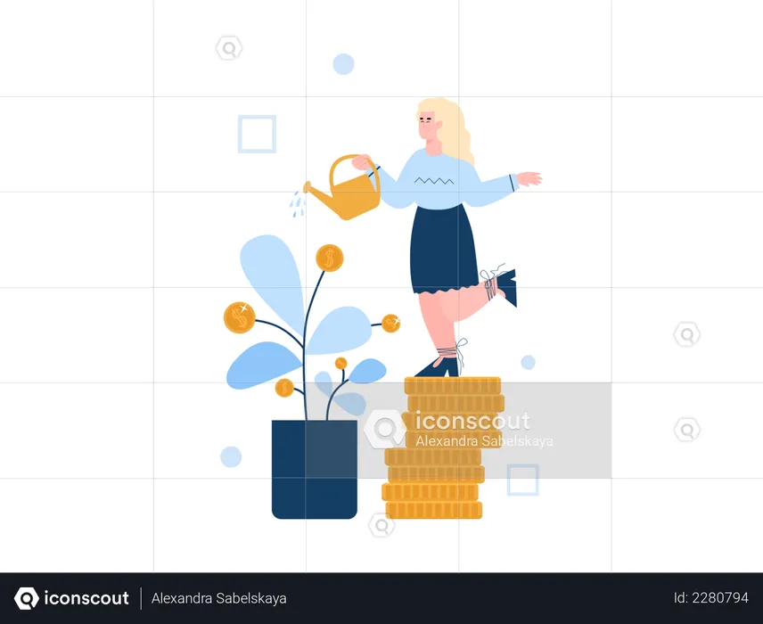 Women standing on pile of coin watering money plant  Illustration