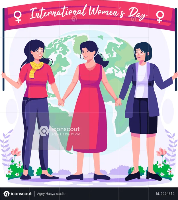 Women standing together holding hands  Illustration