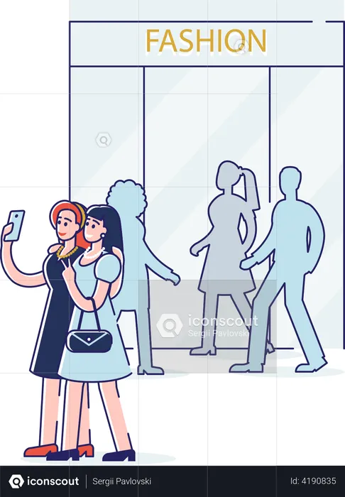 Women taking selfie photo while shopping  Illustration