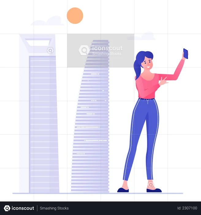 Women Talking Selfie Over Buildings  Illustration