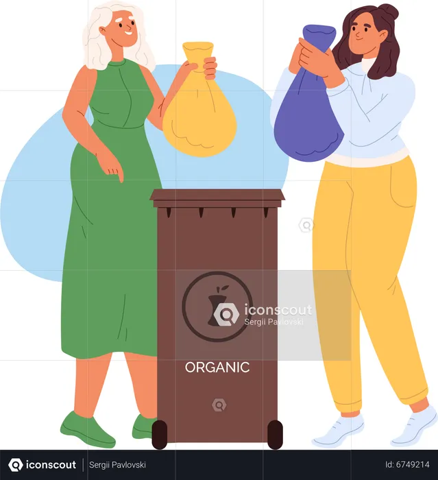 Women throw sorted organic waste in litter container  Illustration