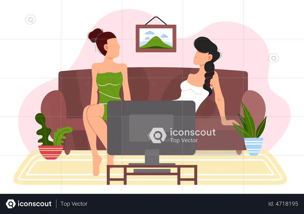 Women watching television sitting on sofa  Illustration