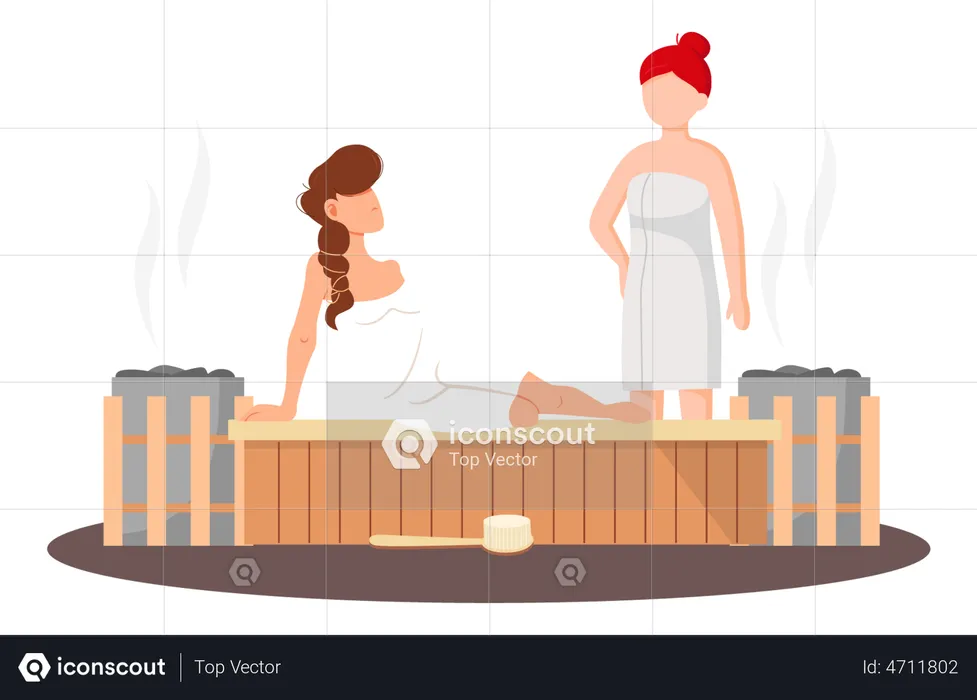 Women wearing bath towel sit on wooden bench  Illustration