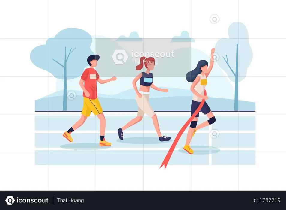 Women winning and cross finish line of marathon  Illustration