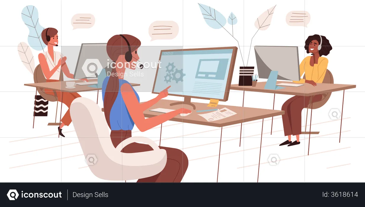 Women Working At Call Center  Illustration