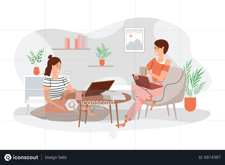 Women working on laptop at home  Illustration