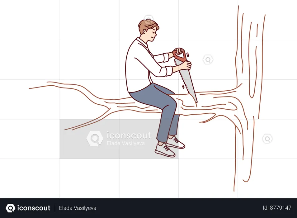 Wood cutter is cutting branches of tree  Illustration