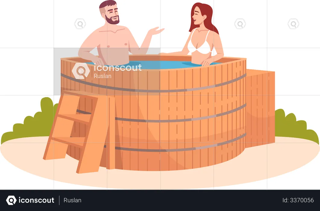 Wood tub for friends relaxation  Illustration