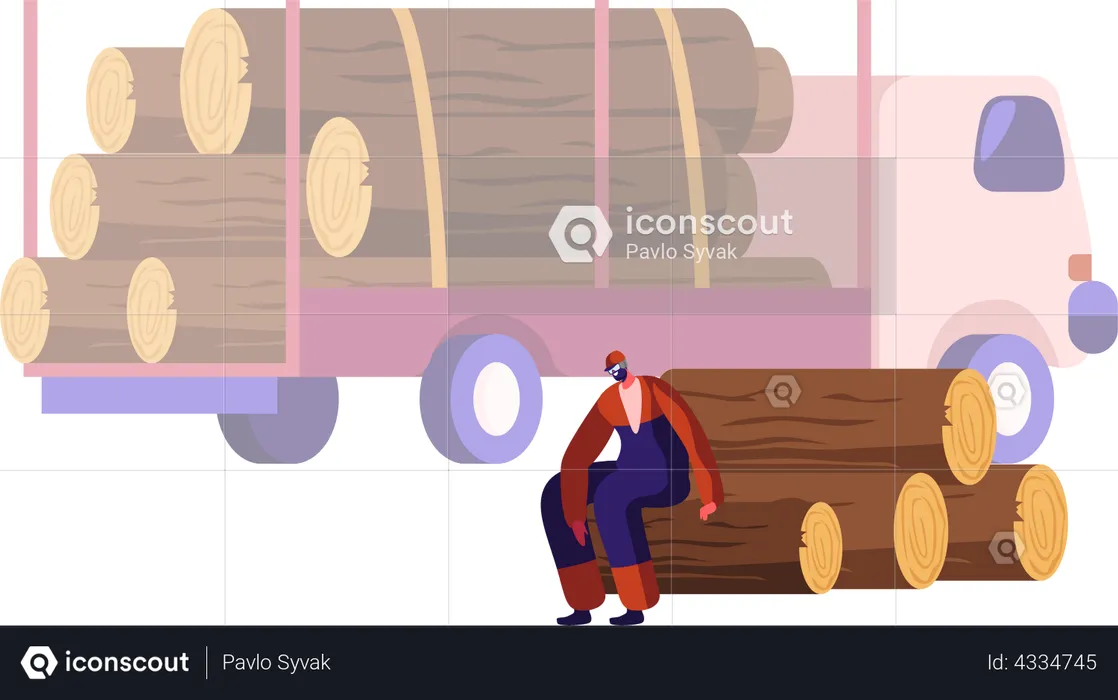 Woodcutter Having Break Sitting on Wooden Logs Pile in Forest  Illustration