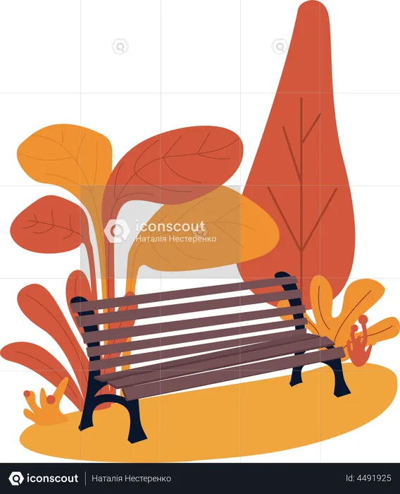 Wooden bench surrounded by autumn  Illustration