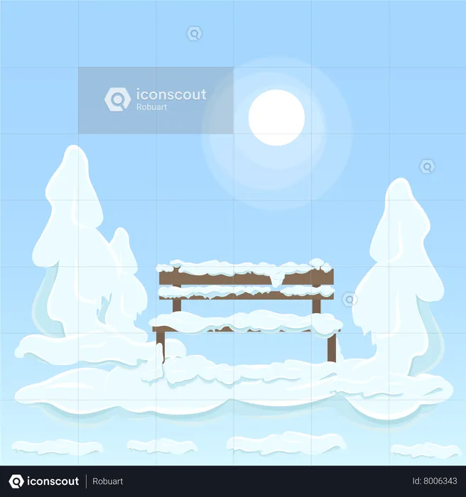 Wooden Bench Under Snow Between Trees  Illustration