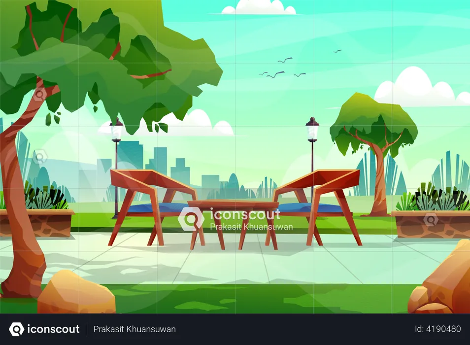 Wooden chair and table in nature park  Illustration