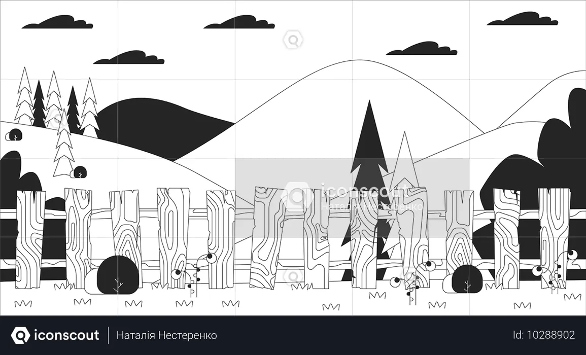 그림 같은 고원의 들판에 있는 나무 울타리  일러스트레이션