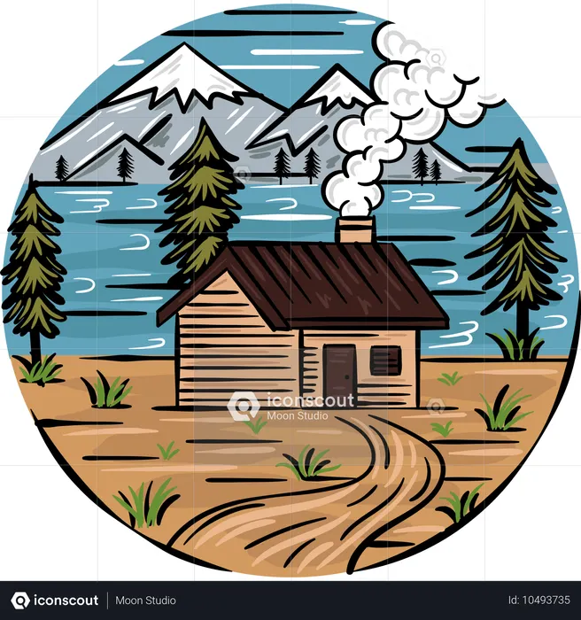 Wooden House by Lake  Illustration