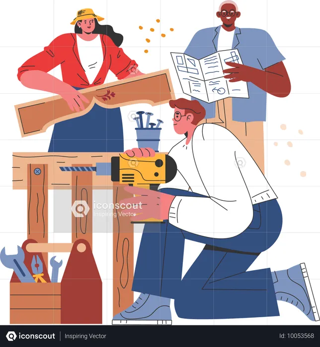 Woodworkers assembling furniture piece  Illustration