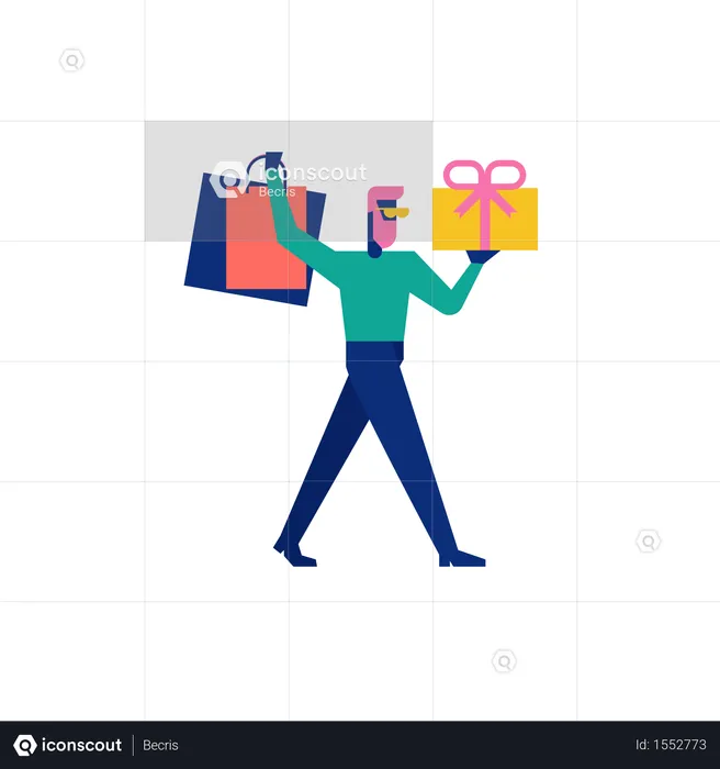 Woohoo Shopping Personaggio ragazzo che tiene scatole regalo e borse della spesa  Illustration