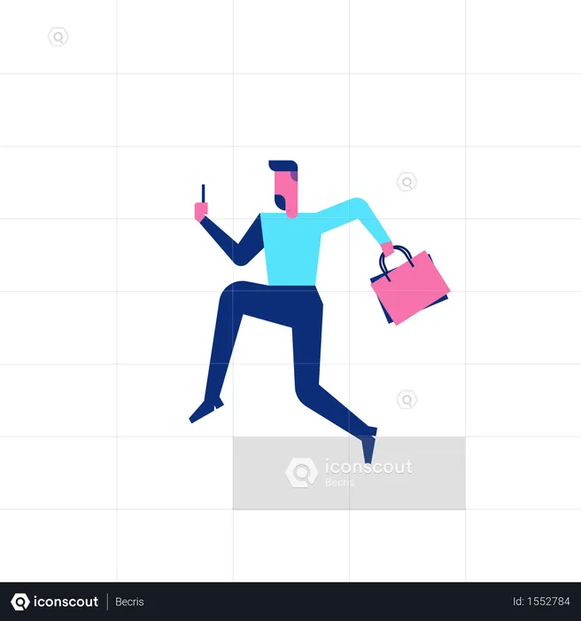 Woohoo Shopping Character courant avec des sacs à provisions et un smartphone  Illustration