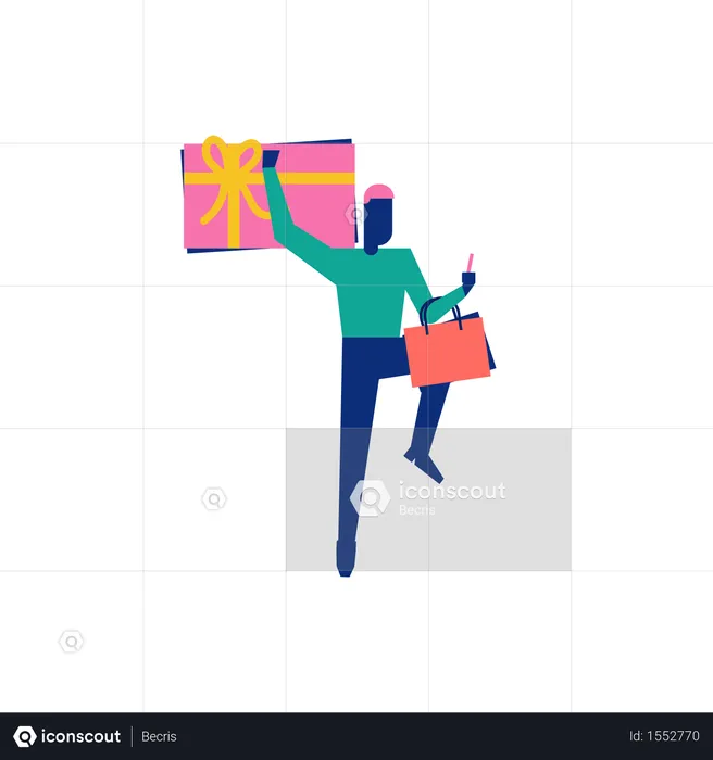 Woohoo Shopping Character boy holding gift vouchers and shopping bags  Illustration