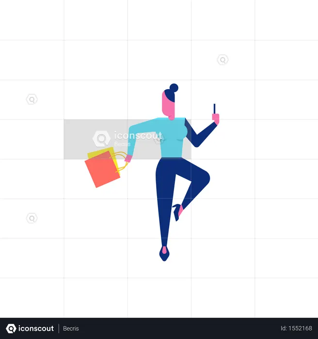 Woohoo Shopping Character holding smartphone and shopping bags  Illustration