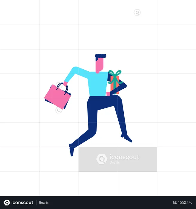 Woohoo Shopping Character man running with shopping bags and gift box  Illustration