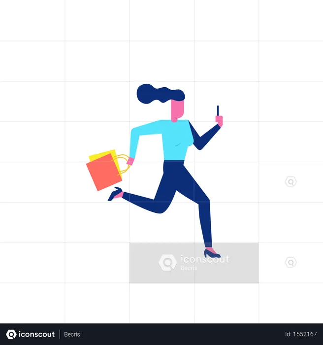 Woohoo Shopping Character running with holding smartphone and shopping bags  Illustration