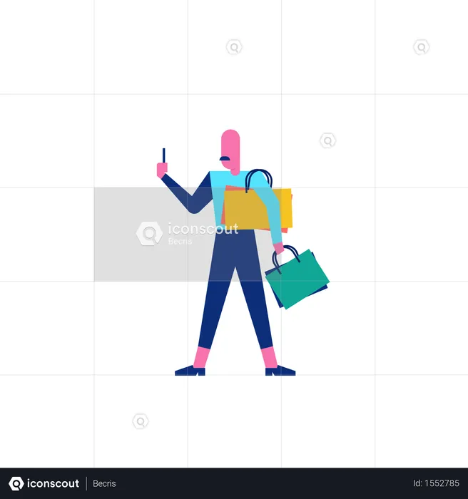 Woohoo Shopping Character with shopping bags and smartphone  Illustration