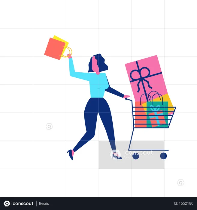 Woohoo Shopping Character with gifts and presents in shopping cart  Illustration