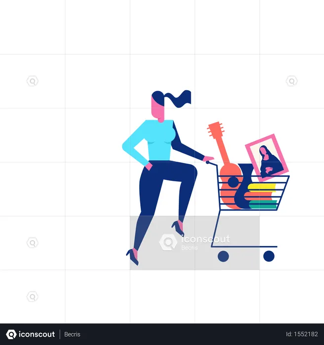 Woohoo Shopping Character woman with guitar and paintings in shopping trolley  Illustration