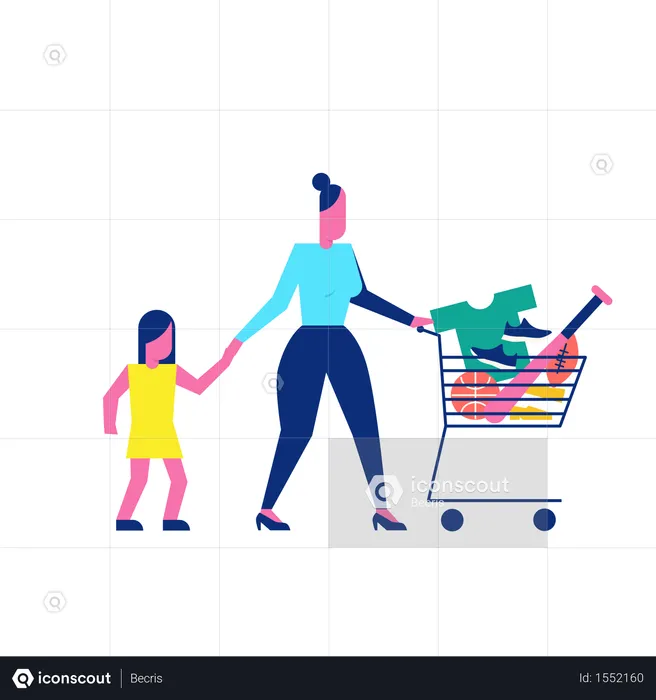 Woohoo Shopping Characters lady with her daughter and sports game things in trolley  Illustration