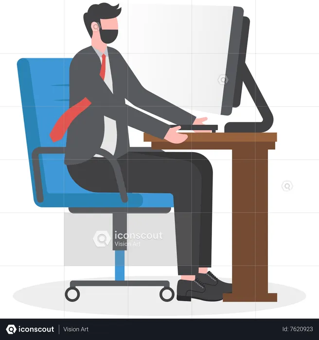 Workaholic businessman sitting working at a computer  Illustration