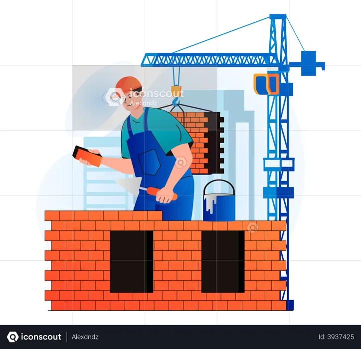 Worker building wall using bricks  Illustration