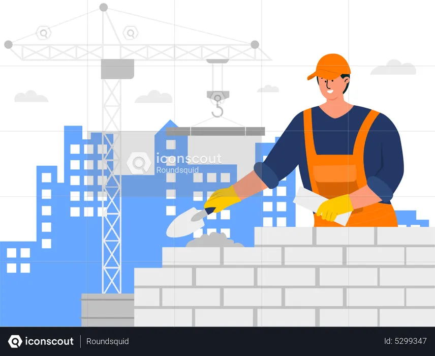 Worker building wall using bricks  Illustration