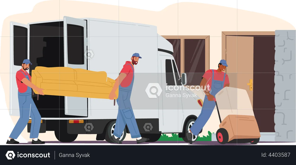 Worker carrying boxes and unloading truck  Illustration