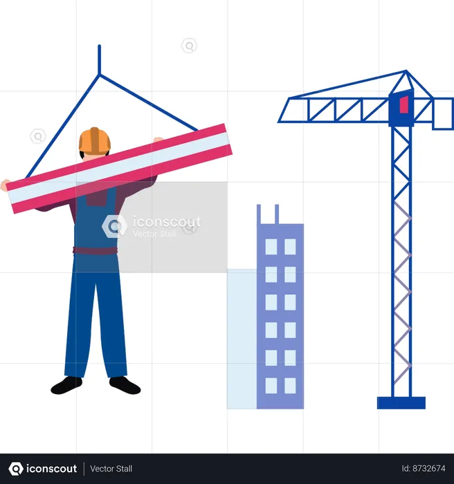 Worker carrying steel beam by crane  Illustration